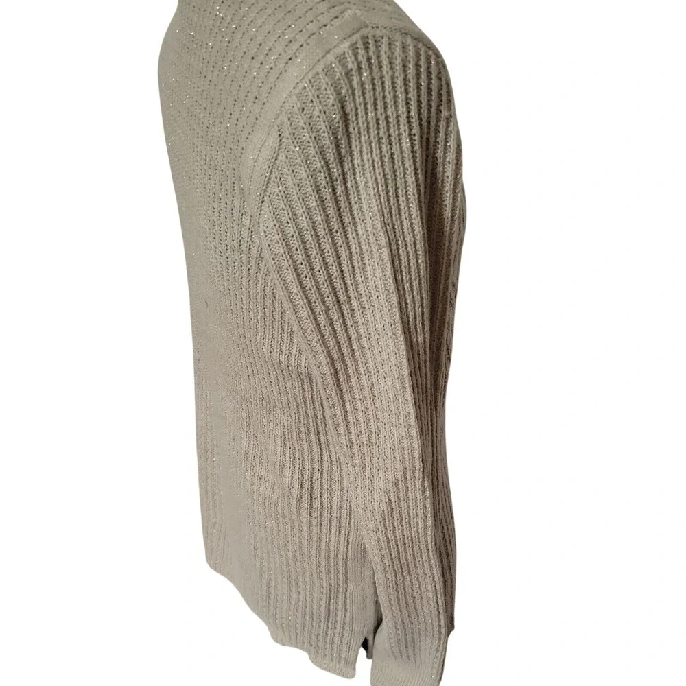 St Johns Bay Womens‎ Beige Metallic Cable Knit V-Neck Sweater Large L Shimmer